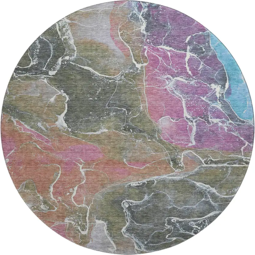 8' Brown Purple And Blue Abstract Washable Round Rug With UV Protection Photo 1