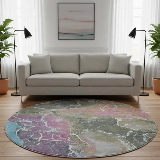 8' Brown Purple And Blue Abstract Washable Round Rug With UV Protection Photo 2