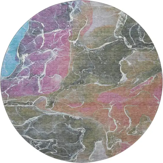 8' Brown Purple And Blue Abstract Washable Round Rug With UV Protection Photo 3