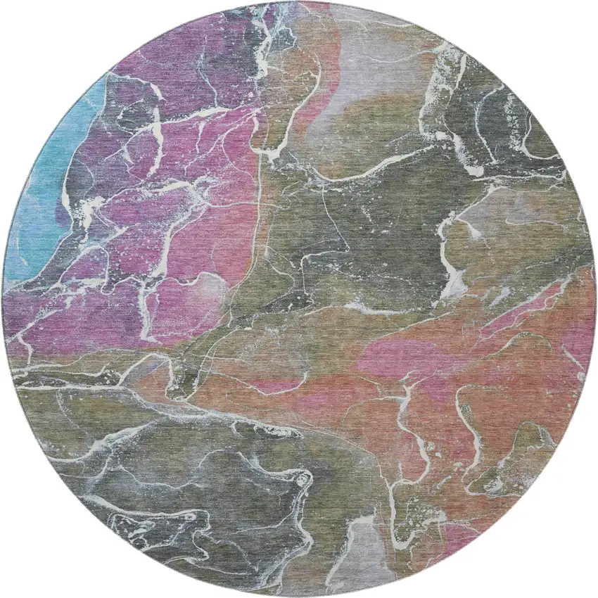 8' Brown Purple And Blue Abstract Washable Round Rug With UV Protection Photo 3
