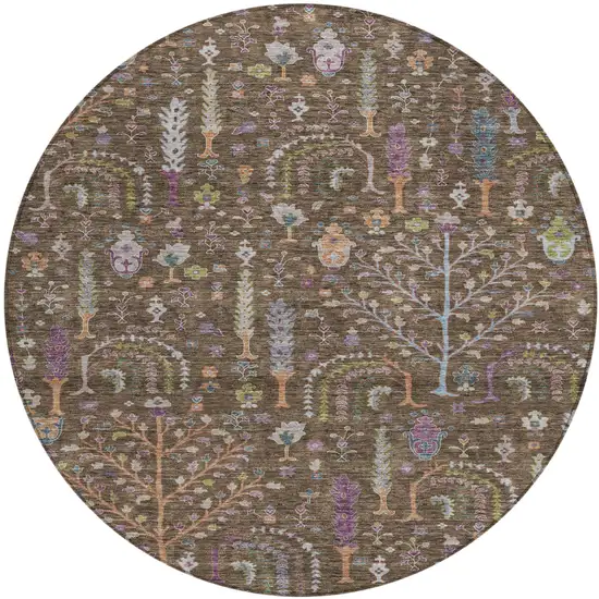 8' Brown Purple And Blue Round Floral Washable Indoor Outdoor Area Rug Photo 2