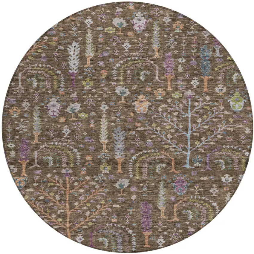 8' Brown Purple And Blue Round Floral Washable Indoor Outdoor Area Rug Photo 2
