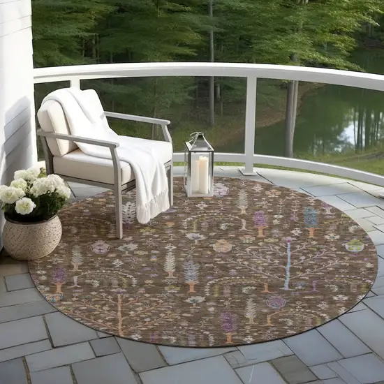 8' Brown Purple And Blue Round Floral Washable Indoor Outdoor Area Rug Photo 8