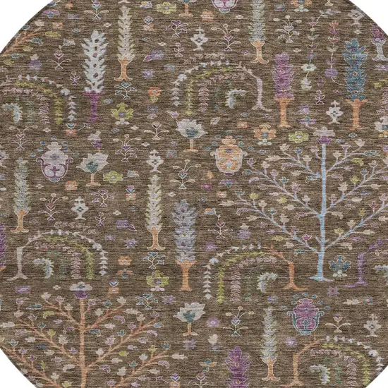 8' Brown Purple And Blue Round Floral Washable Indoor Outdoor Area Rug Photo 6