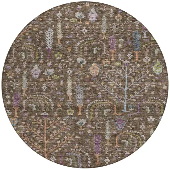 8' Brown Purple And Blue Round Floral Washable Indoor Outdoor Area Rug Photo 7