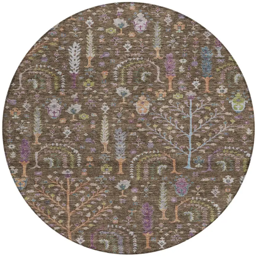 8' Brown Purple And Blue Round Floral Washable Indoor Outdoor Area Rug Photo 7