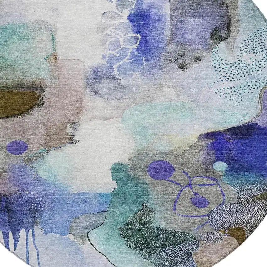 8' Brown Purple And Ivory Round Abstract Washable Indoor Outdoor Area Rug Photo 9