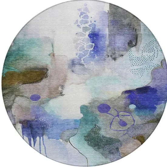 8' Brown Purple And Ivory Round Abstract Washable Indoor Outdoor Area Rug Photo 1