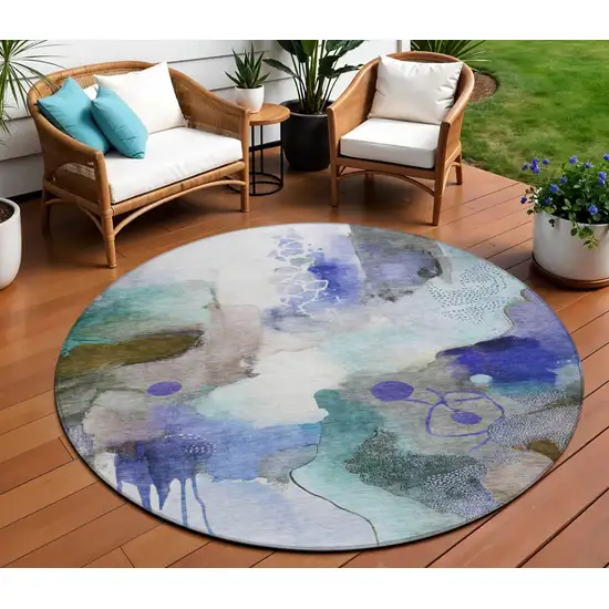 8' Brown Purple And Ivory Round Abstract Washable Indoor Outdoor Area Rug Photo 2