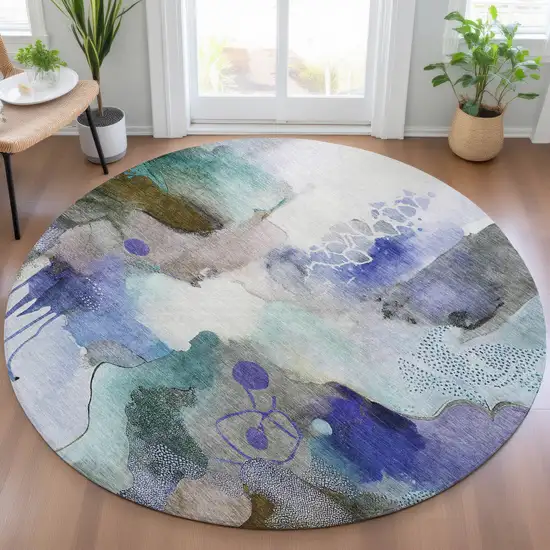 8' Brown Purple And Ivory Round Abstract Washable Indoor Outdoor Area Rug Photo 5