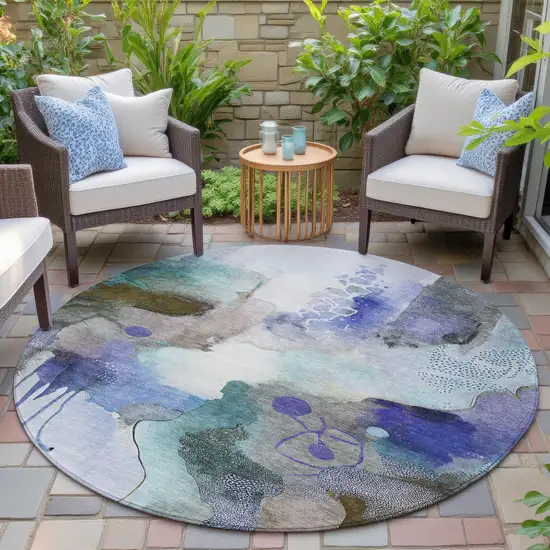 8' Brown Purple And Ivory Round Abstract Washable Indoor Outdoor Area Rug Photo 4