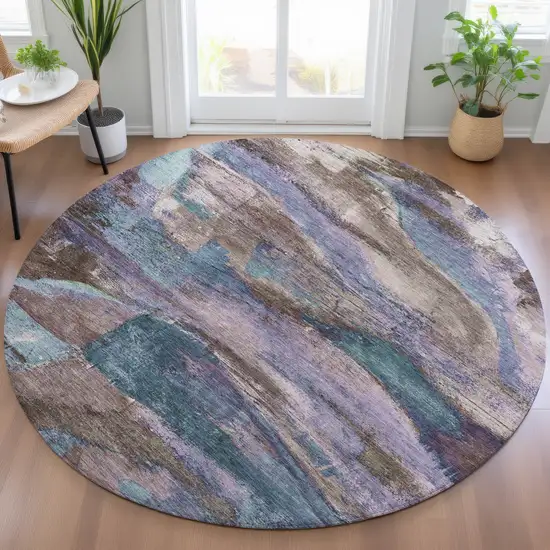 8' Brown Purple And Teal Blue Round Abstract Washable Indoor Outdoor Area Rug Photo 6