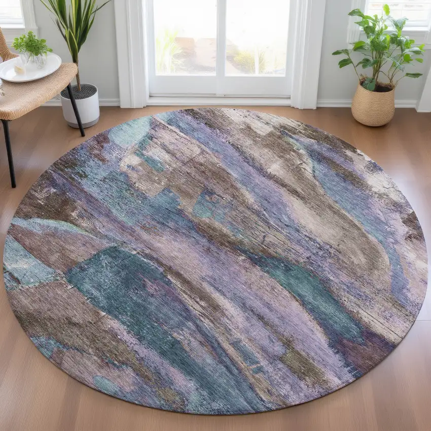 8' Brown Purple And Teal Blue Round Abstract Washable Indoor Outdoor Area Rug Photo 6