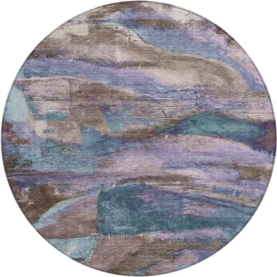 8' Brown Purple And Teal Blue Round Abstract Washable Indoor Outdoor Area Rug Photo 1