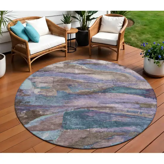 8' Brown Purple And Teal Blue Round Abstract Washable Indoor Outdoor Area Rug Photo 2