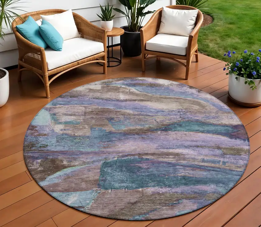 8' Brown Purple And Teal Blue Round Abstract Washable Indoor Outdoor Area Rug Photo 2