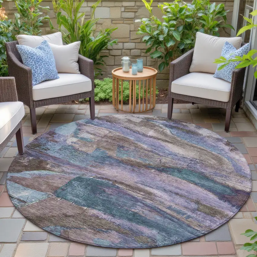 8' Brown Purple And Teal Blue Round Abstract Washable Indoor Outdoor Area Rug Photo 5