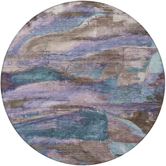 8' Brown Purple And Teal Blue Round Abstract Washable Indoor Outdoor Area Rug Photo 4