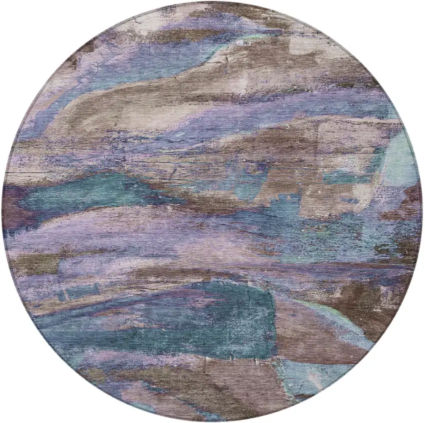 8' Brown Purple And Teal Blue Round Abstract Washable Indoor Outdoor Area Rug Photo 4
