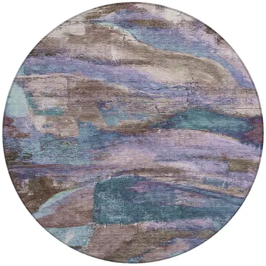 8' Brown Purple And Teal Blue Round Abstract Washable Indoor Outdoor Area Rug Photo 3