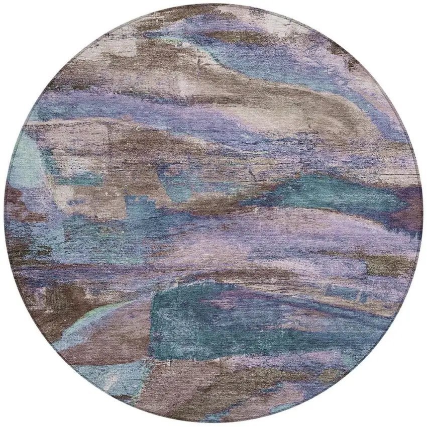 8' Brown Purple And Teal Blue Round Abstract Washable Indoor Outdoor Area Rug Photo 3