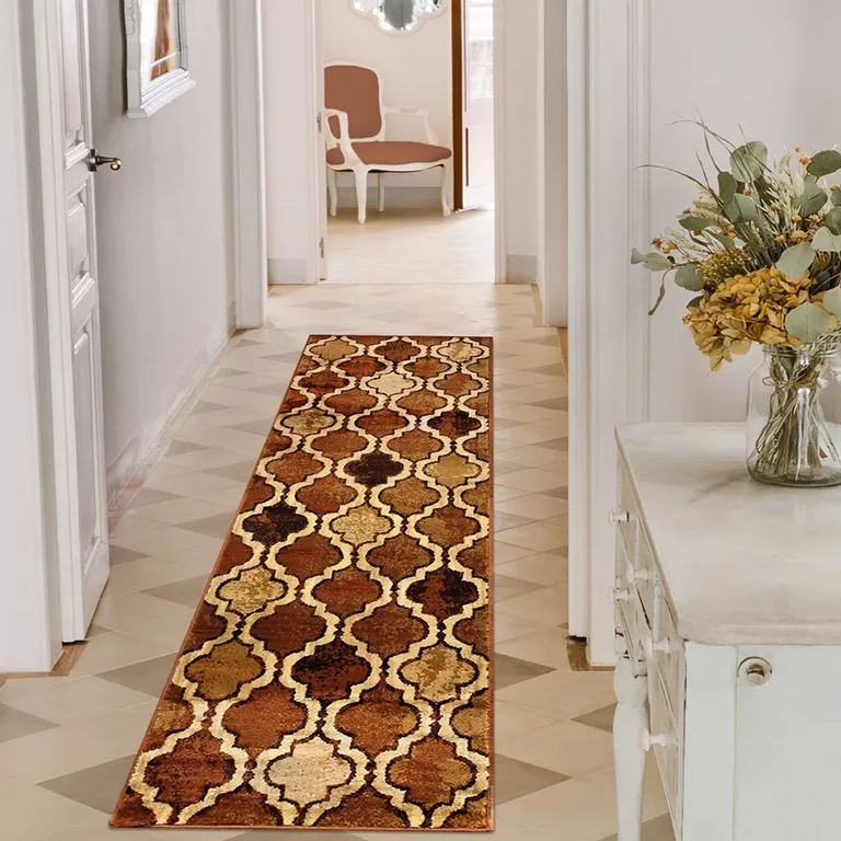 8' Brown Quatrefoil Power Loom Distressed Stain Resistant Runner Rug Photo 3