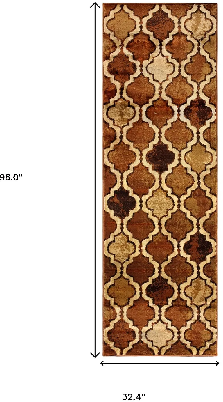 8' Brown Quatrefoil Power Loom Distressed Stain Resistant Runner Rug Photo 5