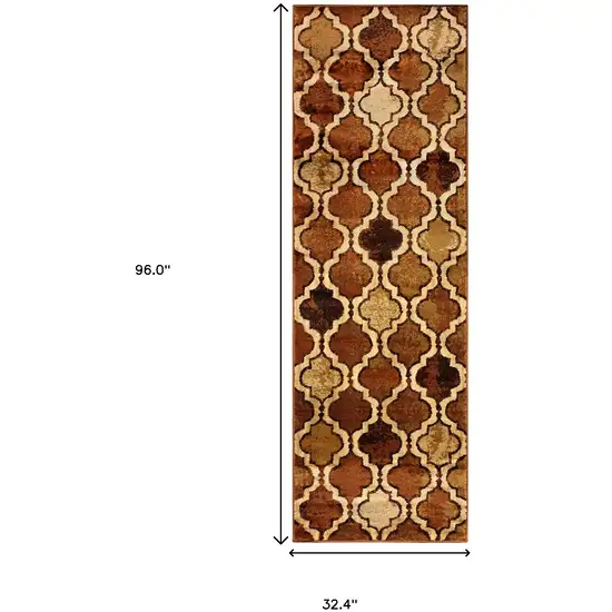 8' Brown Quatrefoil Power Loom Distressed Stain Resistant Runner Rug Photo 5