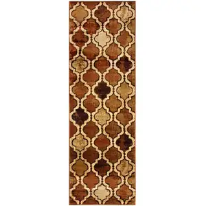 Photo of 8' Brown Quatrefoil Power Loom Distressed Stain Resistant Runner Rug