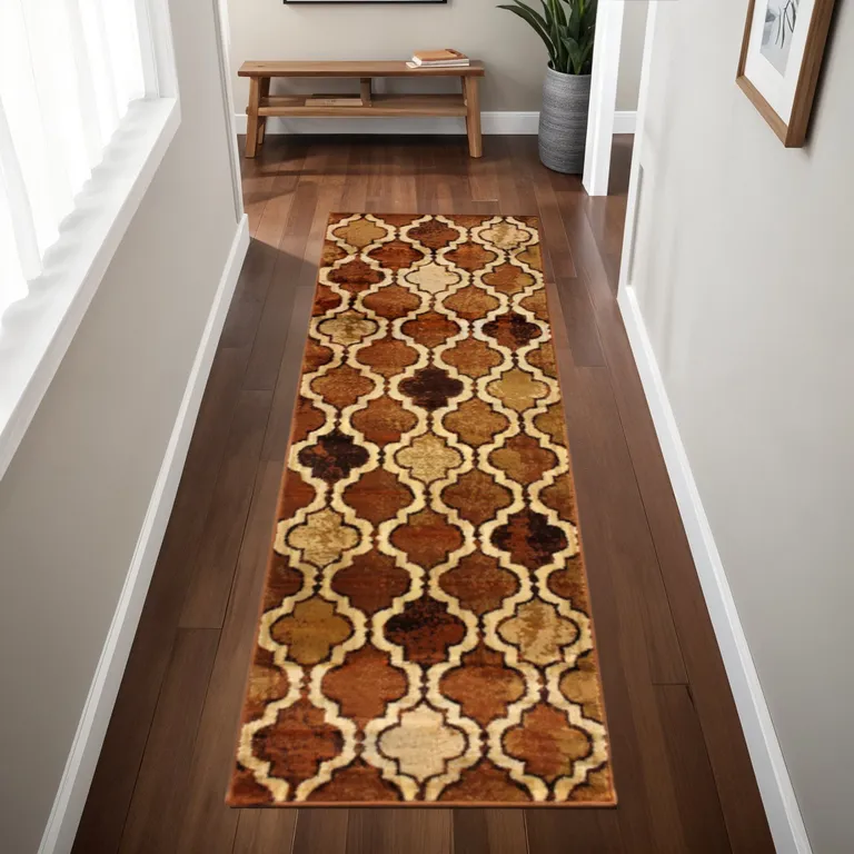 8' Brown Quatrefoil Power Loom Distressed Stain Resistant Runner Rug Photo 5