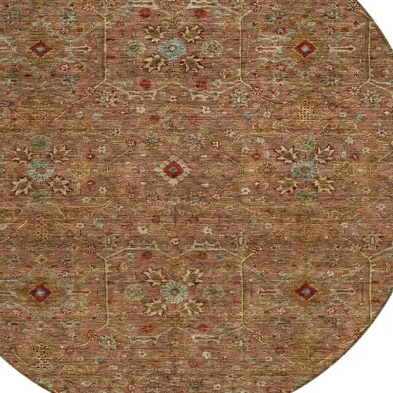 8' Brown Red And Green Round Floral Washable Indoor Outdoor Area Rug Photo 7