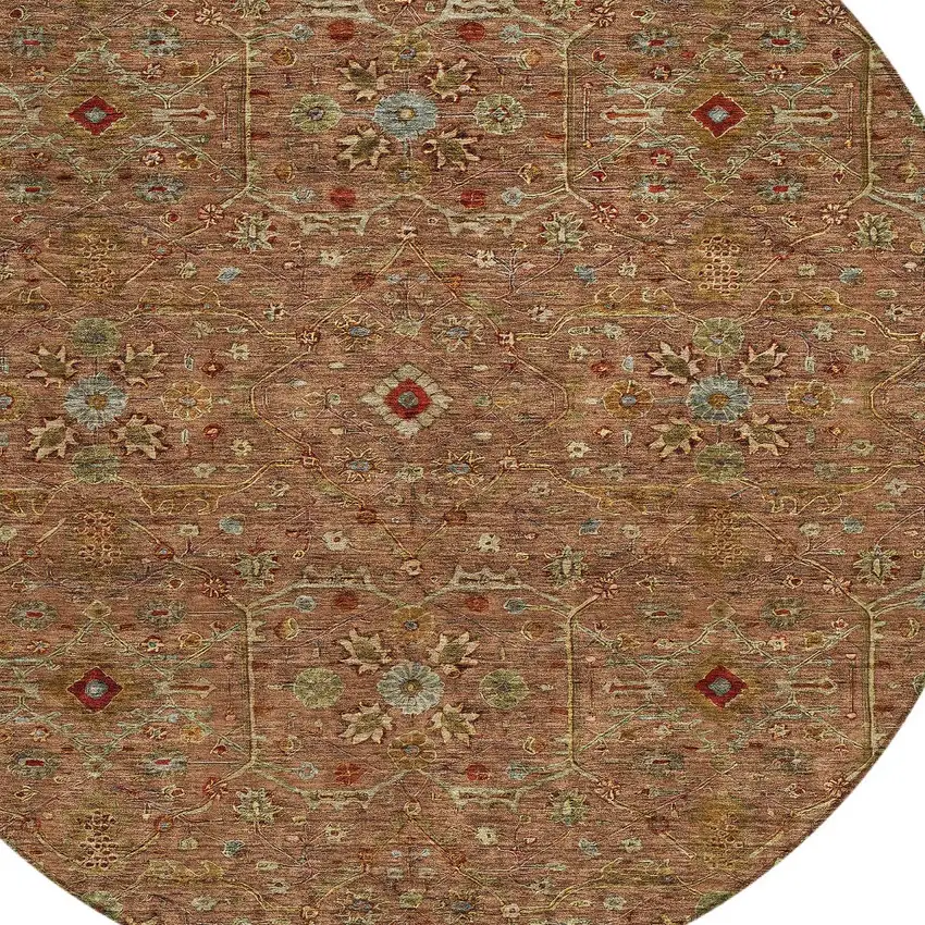 8' Brown Red And Green Round Floral Washable Indoor Outdoor Area Rug Photo 7