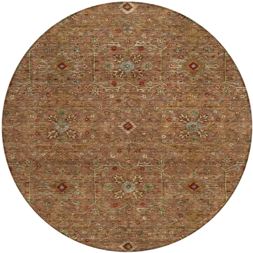 8' Brown Red And Green Round Floral Washable Indoor Outdoor Area Rug Photo 2