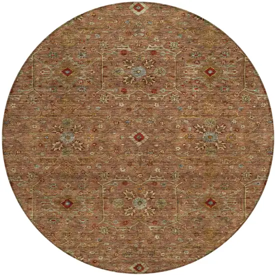 8' Brown Red And Green Round Floral Washable Indoor Outdoor Area Rug Photo 2
