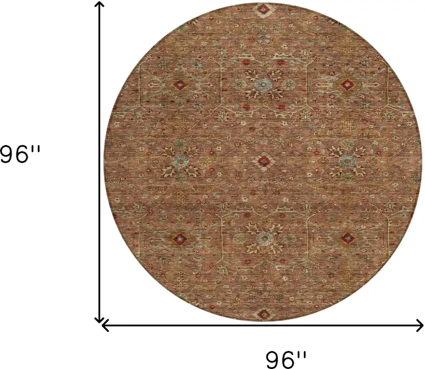 8' Brown Red And Green Round Floral Washable Indoor Outdoor Area Rug Photo 8