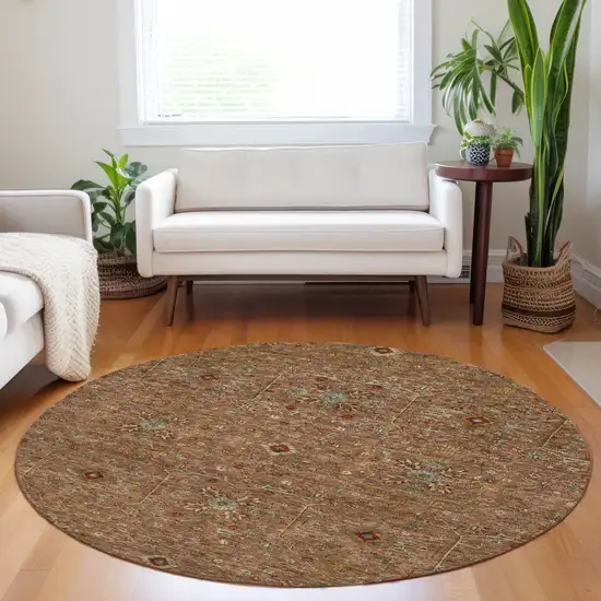 8' Brown Red And Green Round Floral Washable Indoor Outdoor Area Rug Photo 9