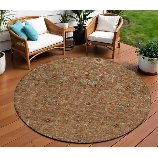8' Brown Red And Green Round Floral Washable Indoor Outdoor Area Rug Photo 1