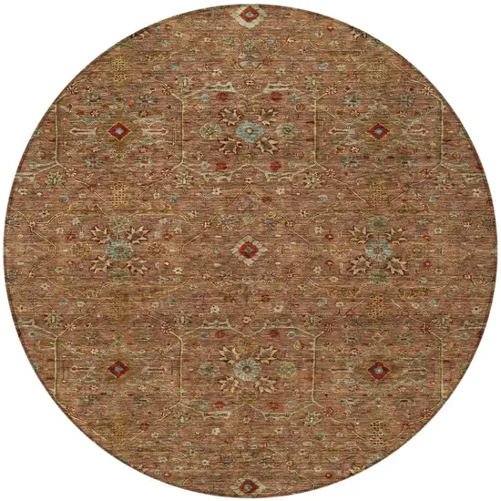 8' Brown Red And Green Round Floral Washable Indoor Outdoor Area Rug Photo 3