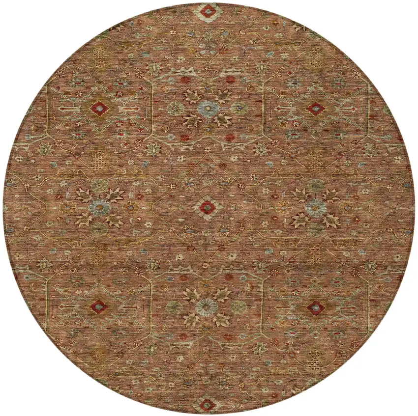 8' Brown Red And Green Round Floral Washable Indoor Outdoor Area Rug Photo 3