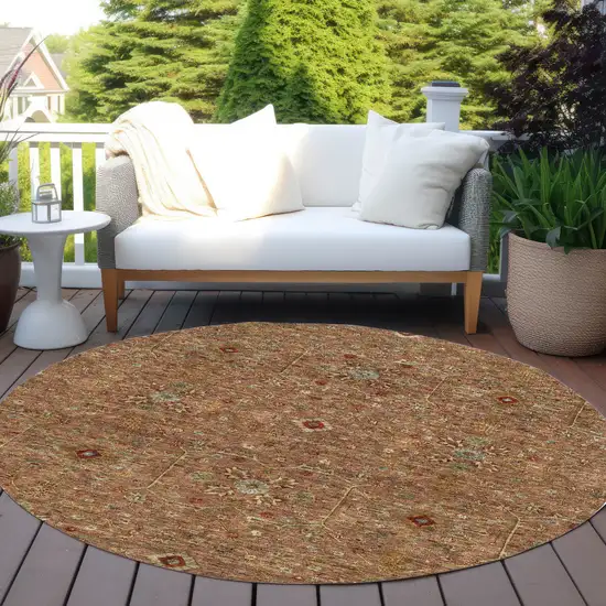 8' Brown Red And Green Round Floral Washable Indoor Outdoor Area Rug Photo 8