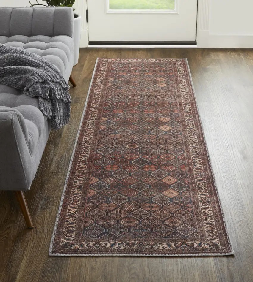 8' Brown Red And Ivory Floral Power Loom Runner Rug Photo 5