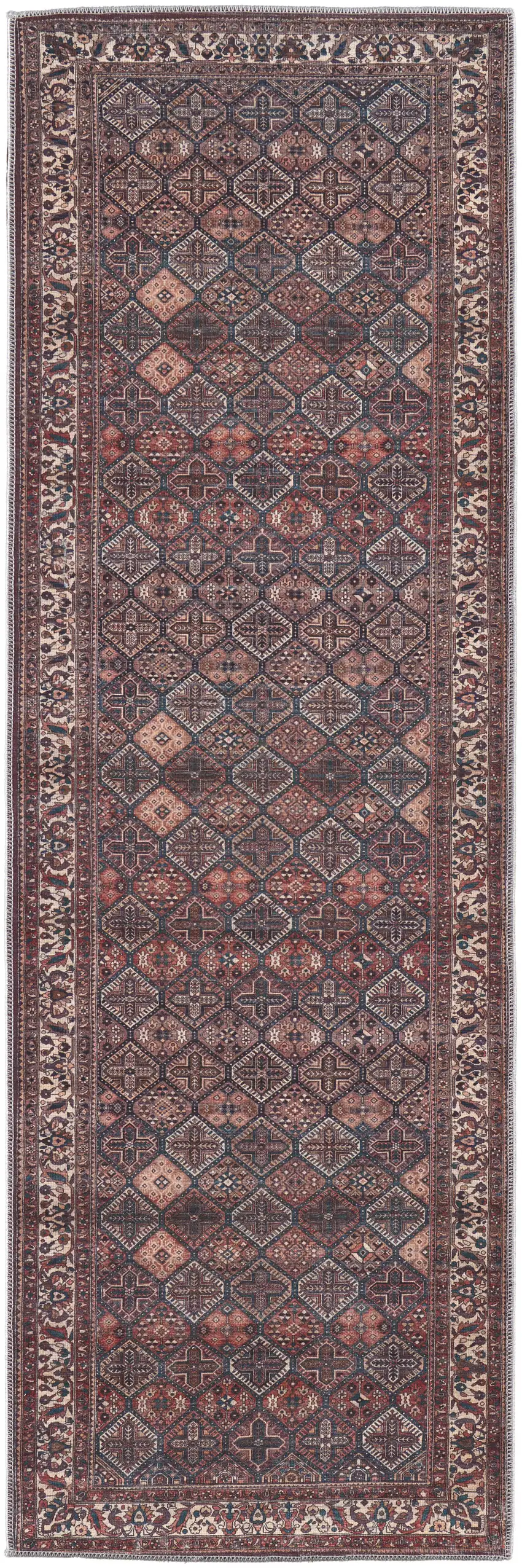 8' Brown Red And Ivory Floral Power Loom Runner Rug Photo 1