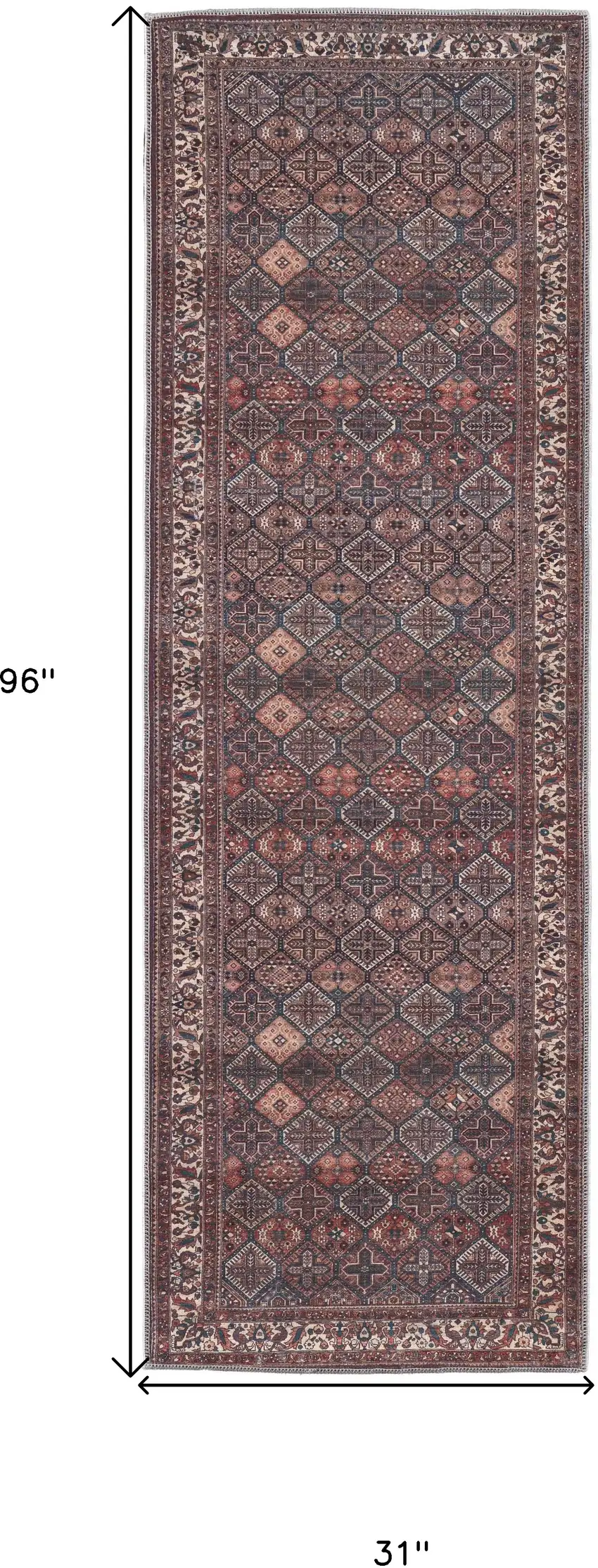 8' Brown Red And Ivory Floral Power Loom Runner Rug Photo 7