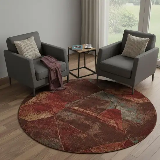 6' Brown Red And Orange Abstract Non Skid Round Rug Photo 1