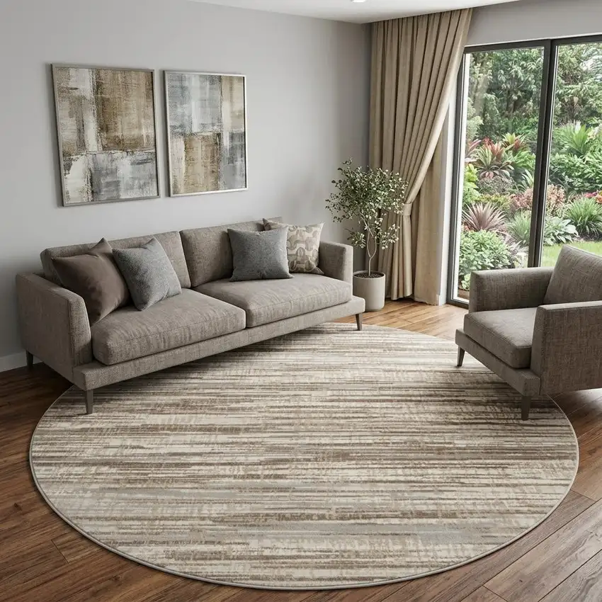 8' Brown Round Abstract Power Loom Area Rug Photo 1