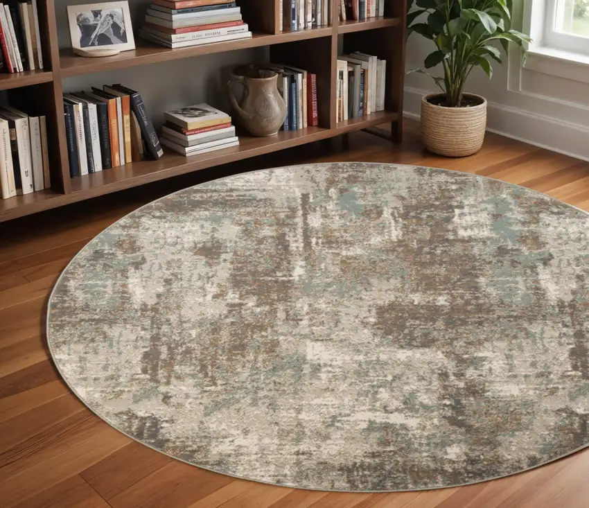 8' Gray and Light Brown Abstract Power Loom Round Rug Photo 1