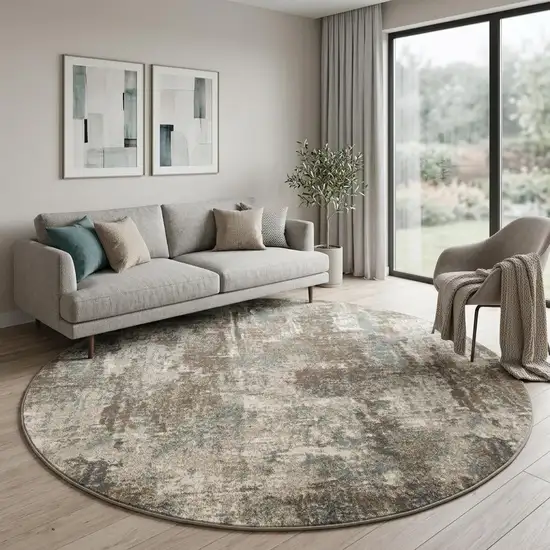 8' Ivory Brown And Green Abstract Round Rug Photo 1