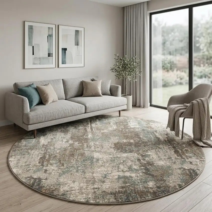 8' Ivory Brown And Green Abstract Round Rug Photo 1