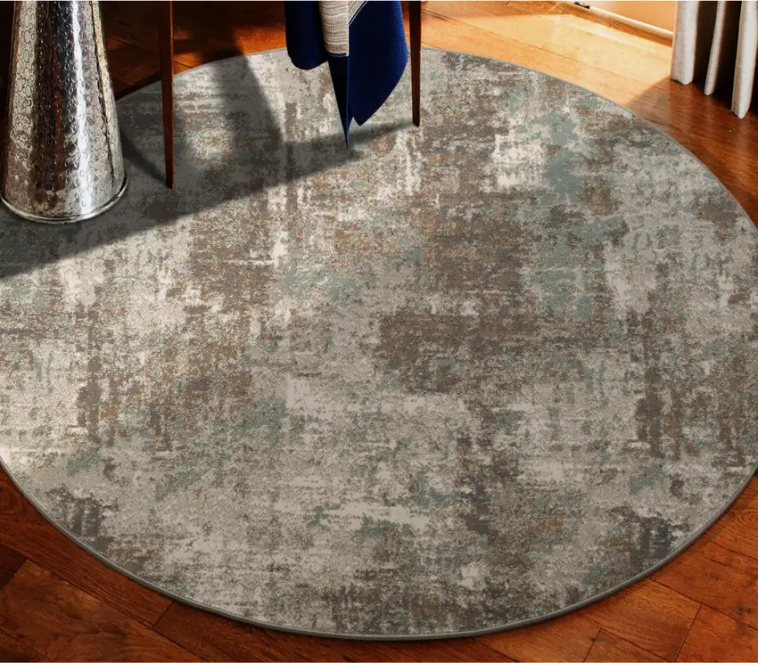 8' Brown Round Abstract Power Loom Area Rug Photo 3