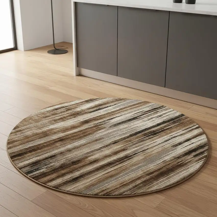 5' Brown Round Abstract Washable Non Skid Area Rug Photo 1